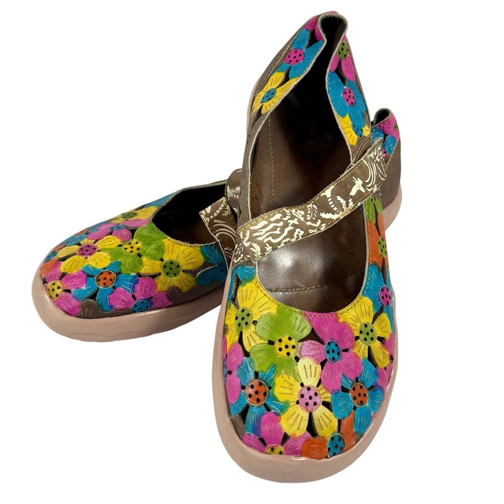 Socofy Retro Mary Jane Shoes Floral Multicolor Leather Flats Womens Size 10.5